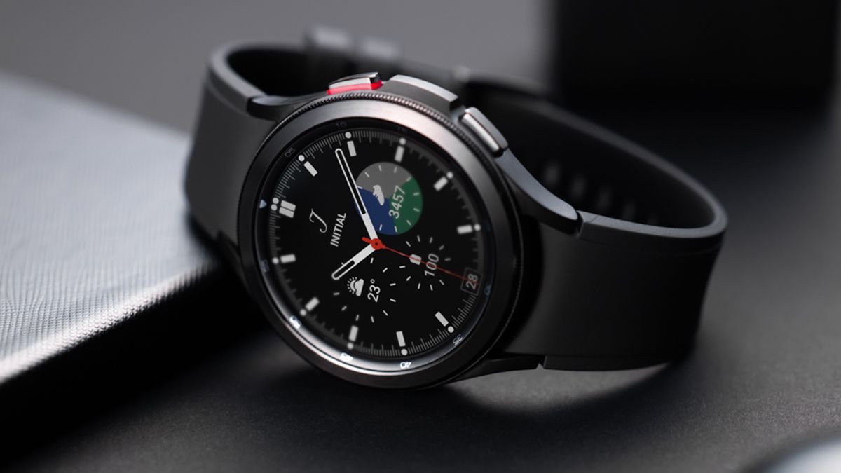 The Samsung Galaxy Watch 4 Classic in black facing forwards on a table