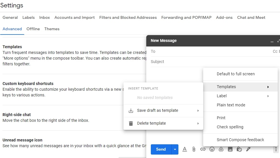a screenshot of Google's settings for creating templates