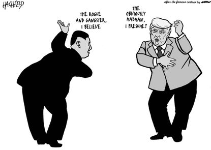 Political cartoon World Trump Kim Jong Un dance Singapore nuclear summit