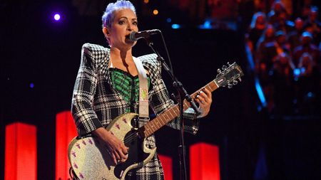 Jane Wiedlin onstage with the Go-Go's at the 36th Annual Rock & Roll Hall Of Fame Induction Ceremony.