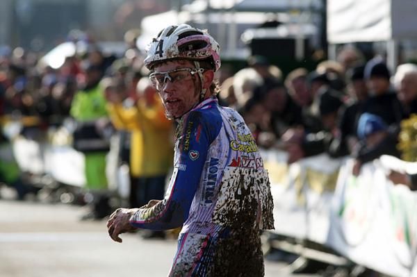 Pietro Santini looks back to make sure he had the junior race won.