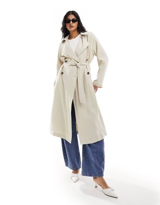 Asos Design Soft Midi Trench Coat in Stone