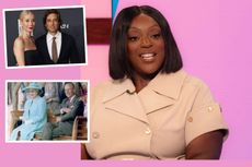 A comp image showing Judi Love on Loose Women with insert images of Gwyneth Paltrow and Brad Falchuk and Queen Elizabeth and Prince Philip