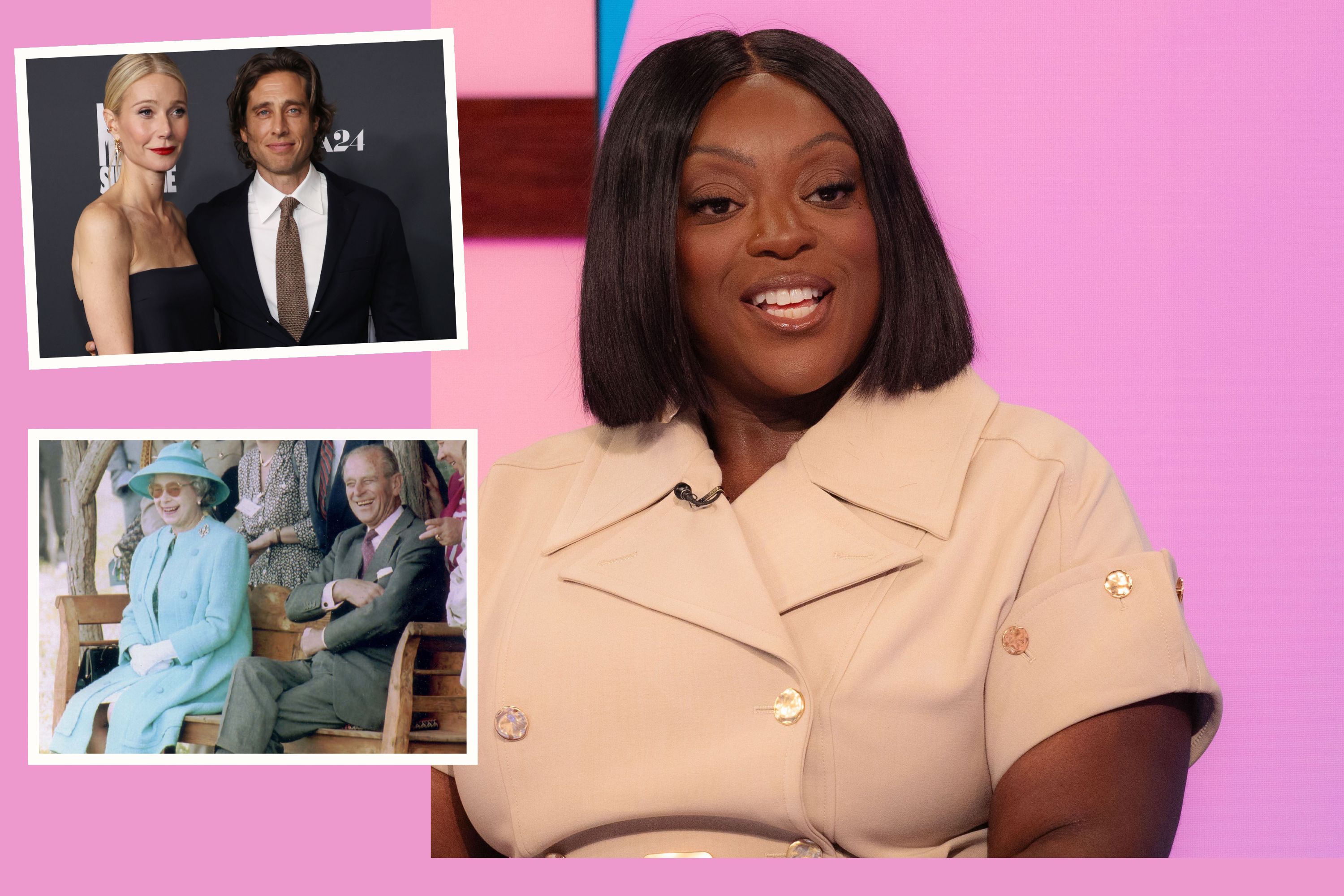 A comp image showing Judi Love on Loose Women with insert images of Gwyneth Paltrow and Brad Falchuk and Queen Elizabeth and Prince Philip