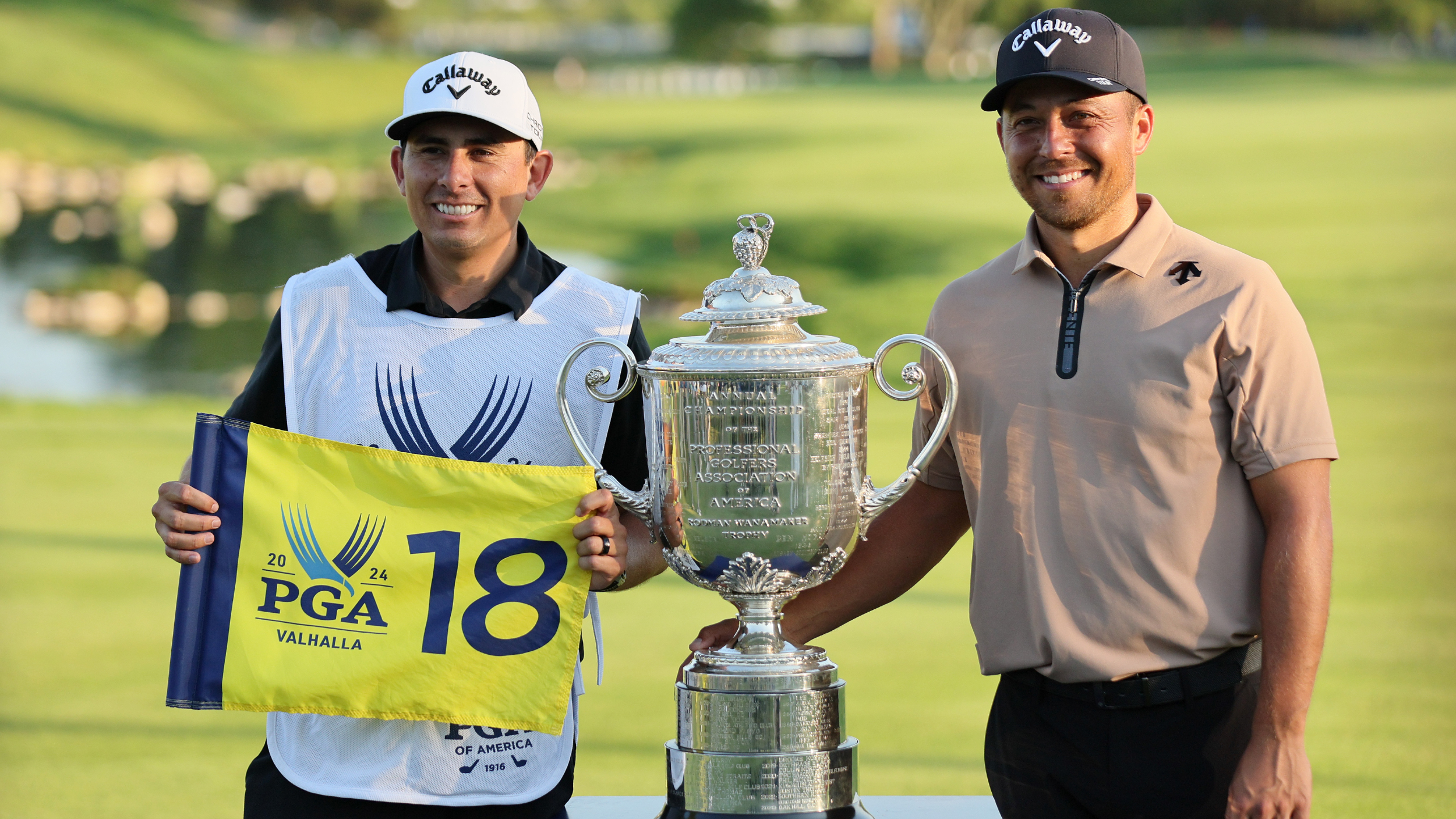Austin Kaiser and Xander Schauffele with the PGA Championship trophy