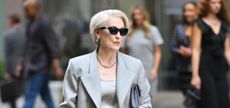 Meryl Streep filming Devil Wears Prada 2 wearing a grey blazer and top