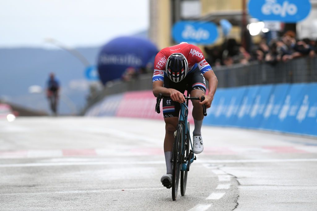 CASTELFIDARDO ITALY MARCH 14 Arrival Mathieu Van Der Poel of Netherlands and Team AlpecinFenix Celebration during the 56th TirrenoAdriatico 2021 Stage 5 a 205km stage from Castellalto to Castelfidardo 175m TirrenoAdriatico on March 14 2021 in Castelfidardo Italy Photo by Tim de WaeleGetty Images