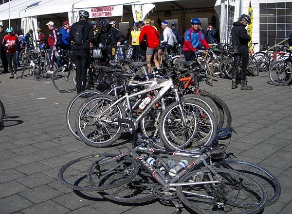 Bikes are left to fend for themselves as their owners attack the beer tent!