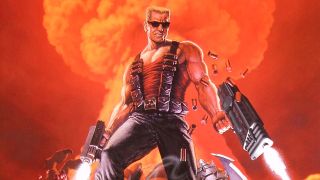 Duke Nukem 3D artwork of character shooting enemies