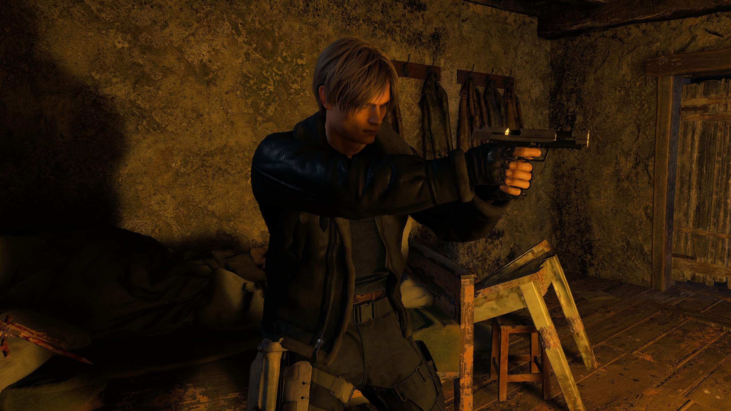 Leon S. Kennedy pictured holding a pistol in Resident Evil 4 Remake.