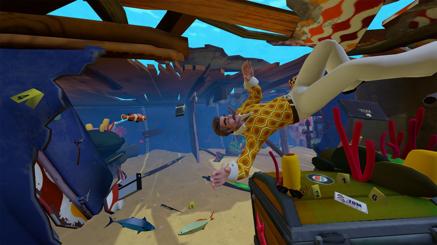 An official screenshot of Hide the Corpse for Meta Quest. Gus floating underwater