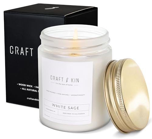 Craft & Kin White Sage Scented Candle for Cleansing | 8 Oz 45 Hour Long Lasting | Classic Soy Spring Scented Candles Wood Wick | Made With Natural Soy | Gifts for Men and Women