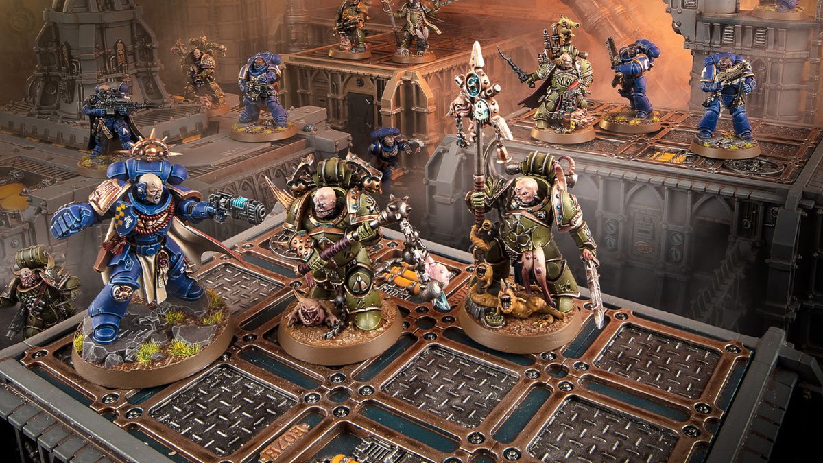 Space Marines battle Plague Marines atop industrial scenery