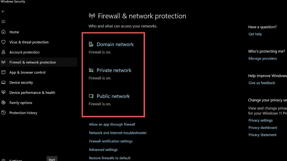 How to enable Firewall protection for all network types (Domain, Private, and Public) on Windows