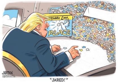 Political cartoon U.S. Trump abroad Middle East peace puzzle Jared Kushner
