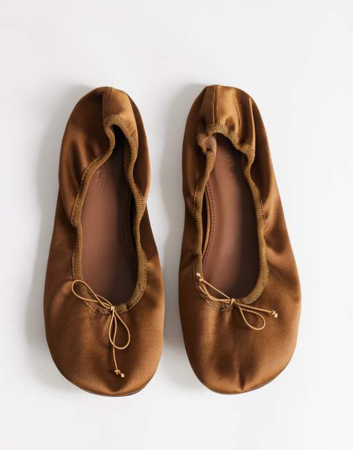 Topshop, Topshop Lila Round Toe Ballet Flat in Bronze Satin