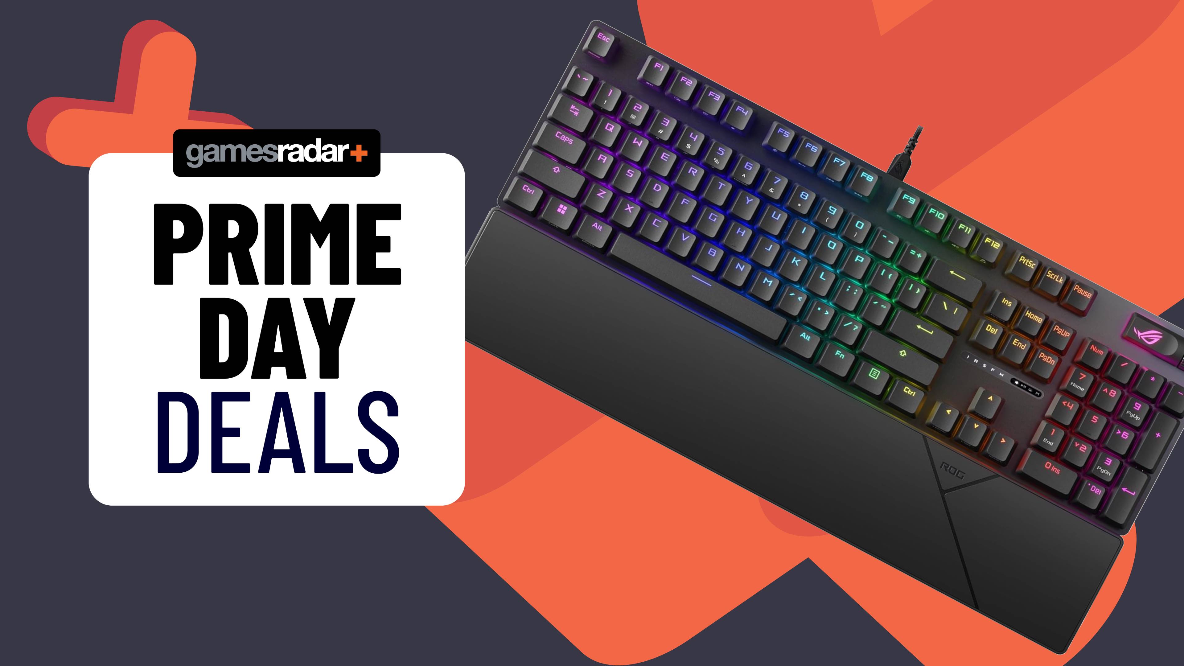 A sign saying 'Prime Day deals' next to an Asus ROG Strix Scope II X