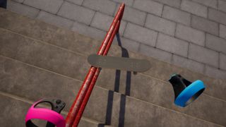 A screenshot from the game VR Skater showing a skateboard grinding down a rail
