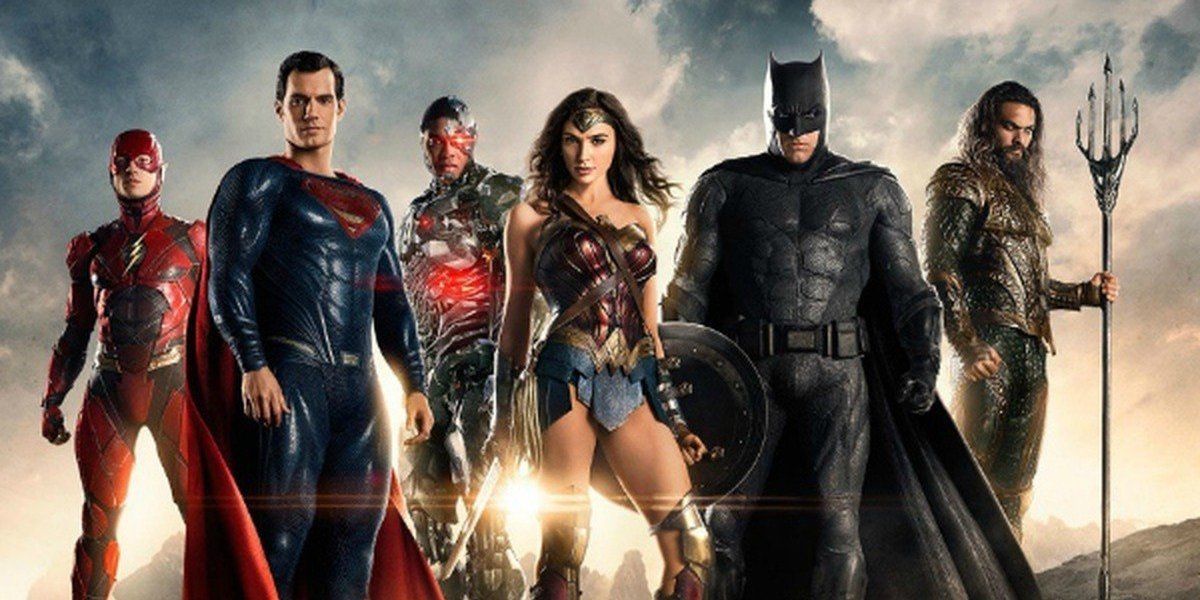 A promotional image for &#039;Justice League&#039; shows The Flash, Superman, Cyclops, Wonder Woman, Batman and Aquaman standing and facing the camera.