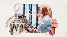 Image of woman trying on lipstick at beauty counter, on a beige background, with circular image of the woman&home beauty team, pink 'advice from us' banner and swatches of cream and eyeshadow