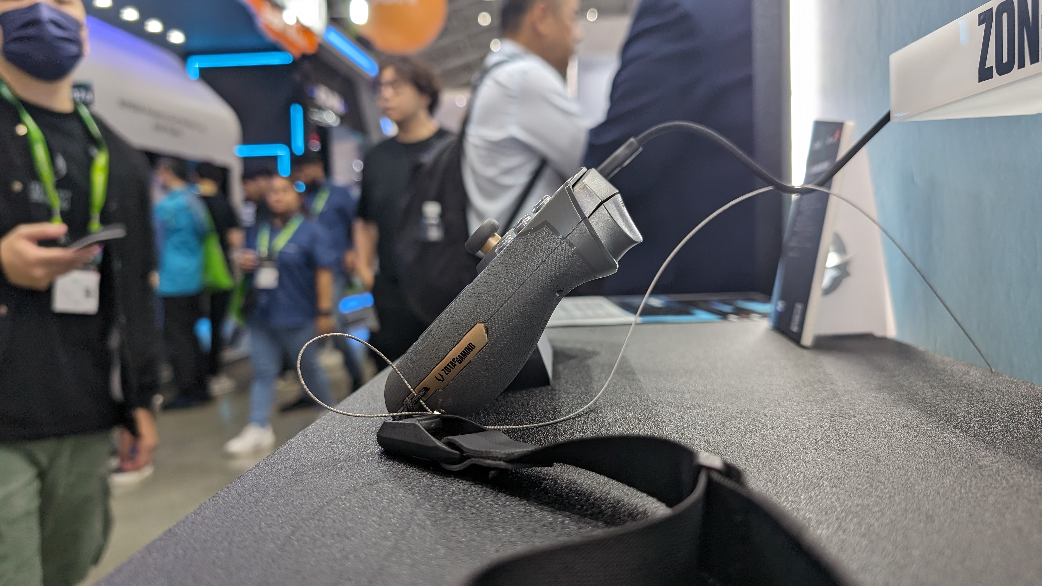 The Zotac Zone handheld gaming PC on the Zotac stand at Computex 2024.