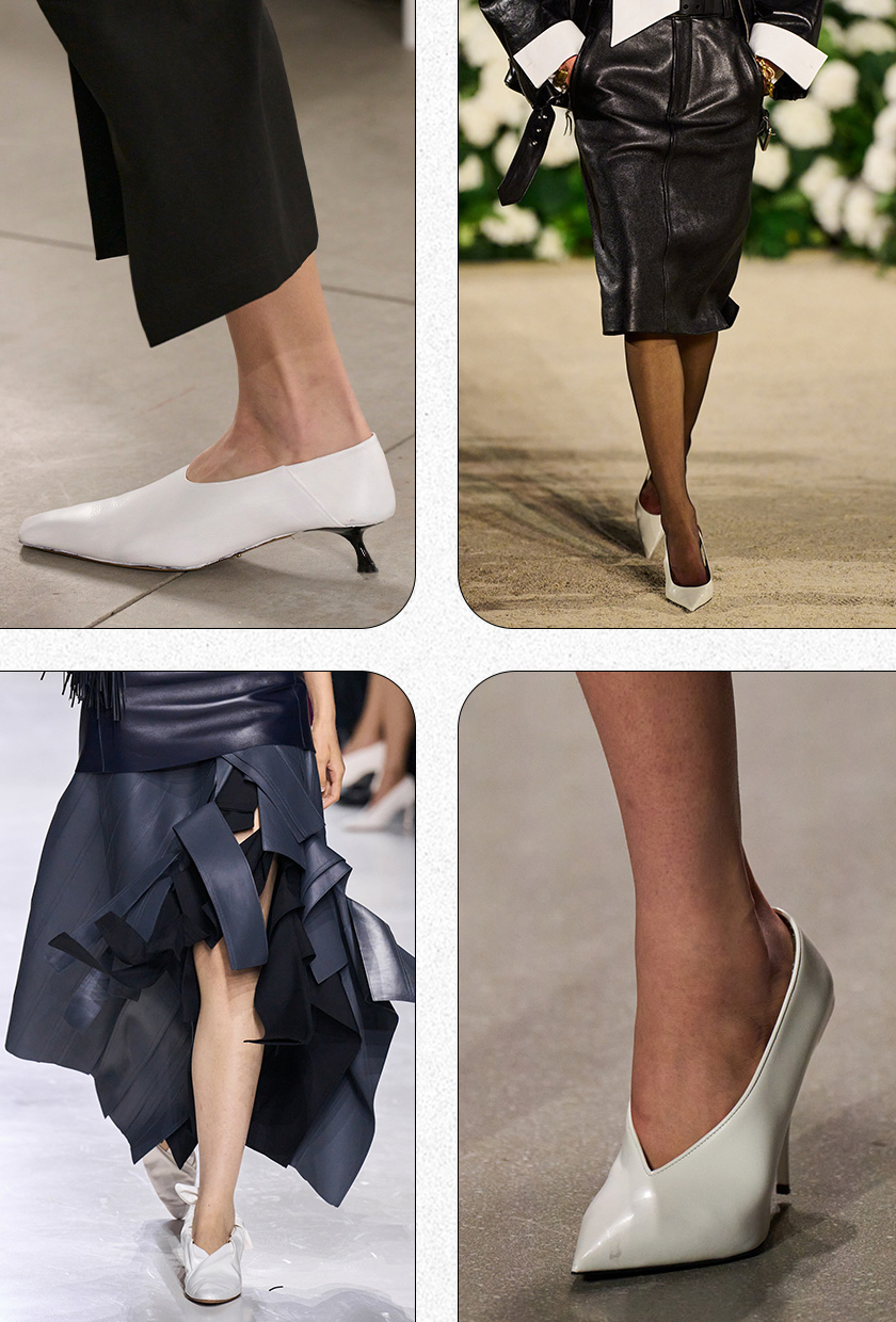 Heel color trends for 2026 are shown in a collage of runway images, showing the color cloud dancer. On the top left, a close photo of a model's foot shows white pointed kitten heels on Sportmax's spring runway. On the top right, a cropped photo shows a model walking in Saint Laurent's spring runway show, wearing a leather jacket, a white button-down, a black leather pencil skirt, black sheer tights, and white pointed pumps. In the bottom left, a close-up photo shows a model's foot in a high-vamp pointed white pump at Stella McCartney's spring show. On the bottom left, a close photo shows a model wearing a navy leather fringe skirt with white kitten heels in Bottega Veneta's spring show