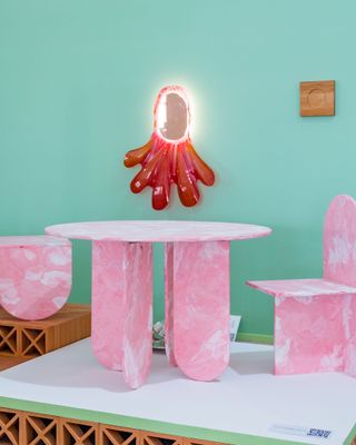 Pink furniture made with sustainable methoda by ANQA studio at Dubai Design Week 2022