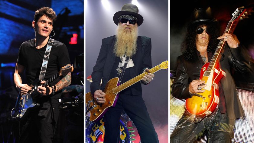John Mayer plays a Strat, Gibbons one of his custom gold Billy-Bo-style electrics, and Slash is on his Les Paul in this comped image of the three guitar superstars