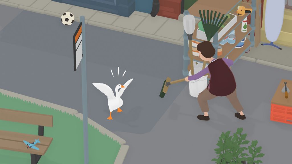 A screenshot from untitled goose game, showing the player goose facing off against a lady with a broom