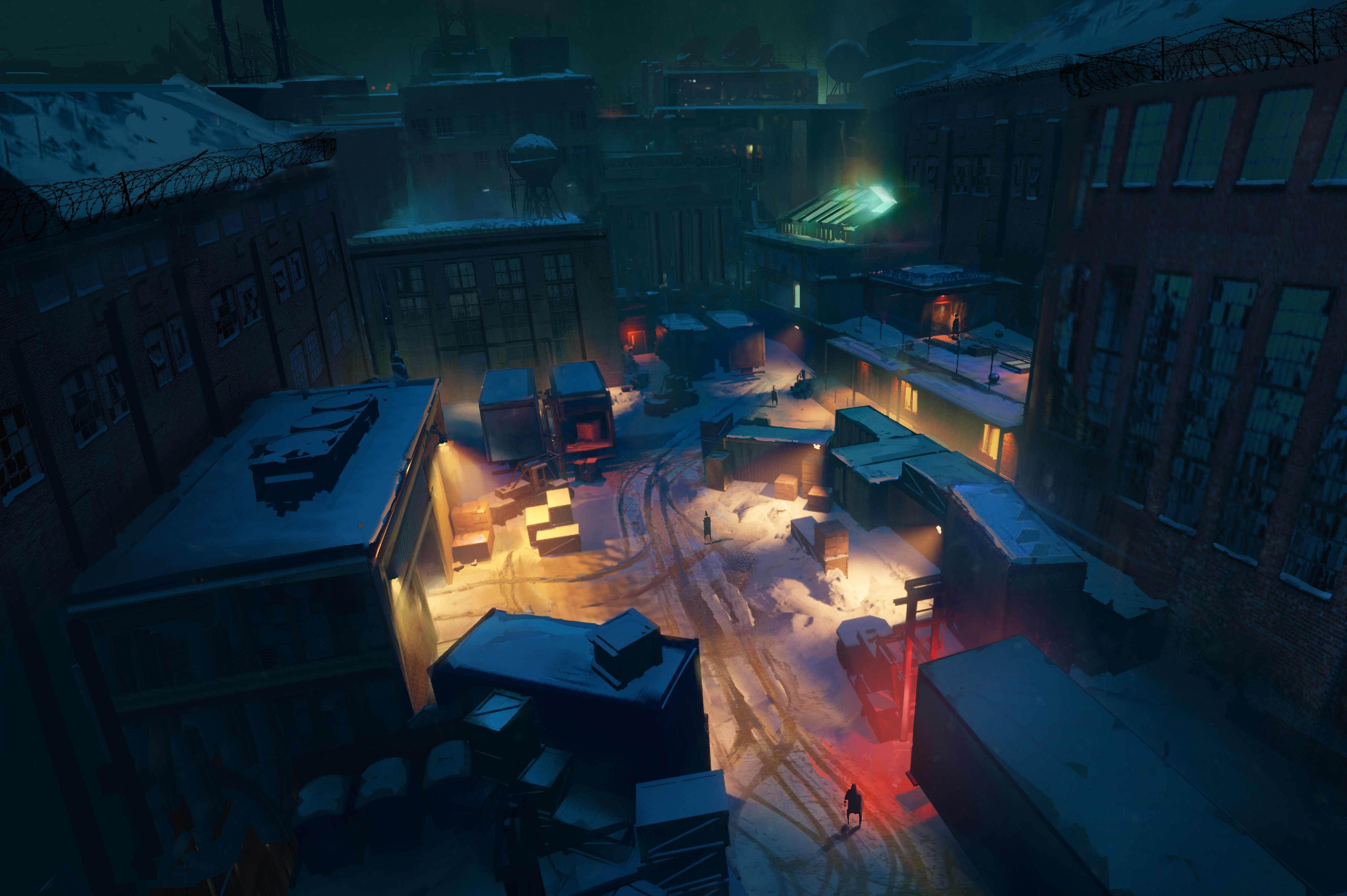concept art of shipping container shootout in snow