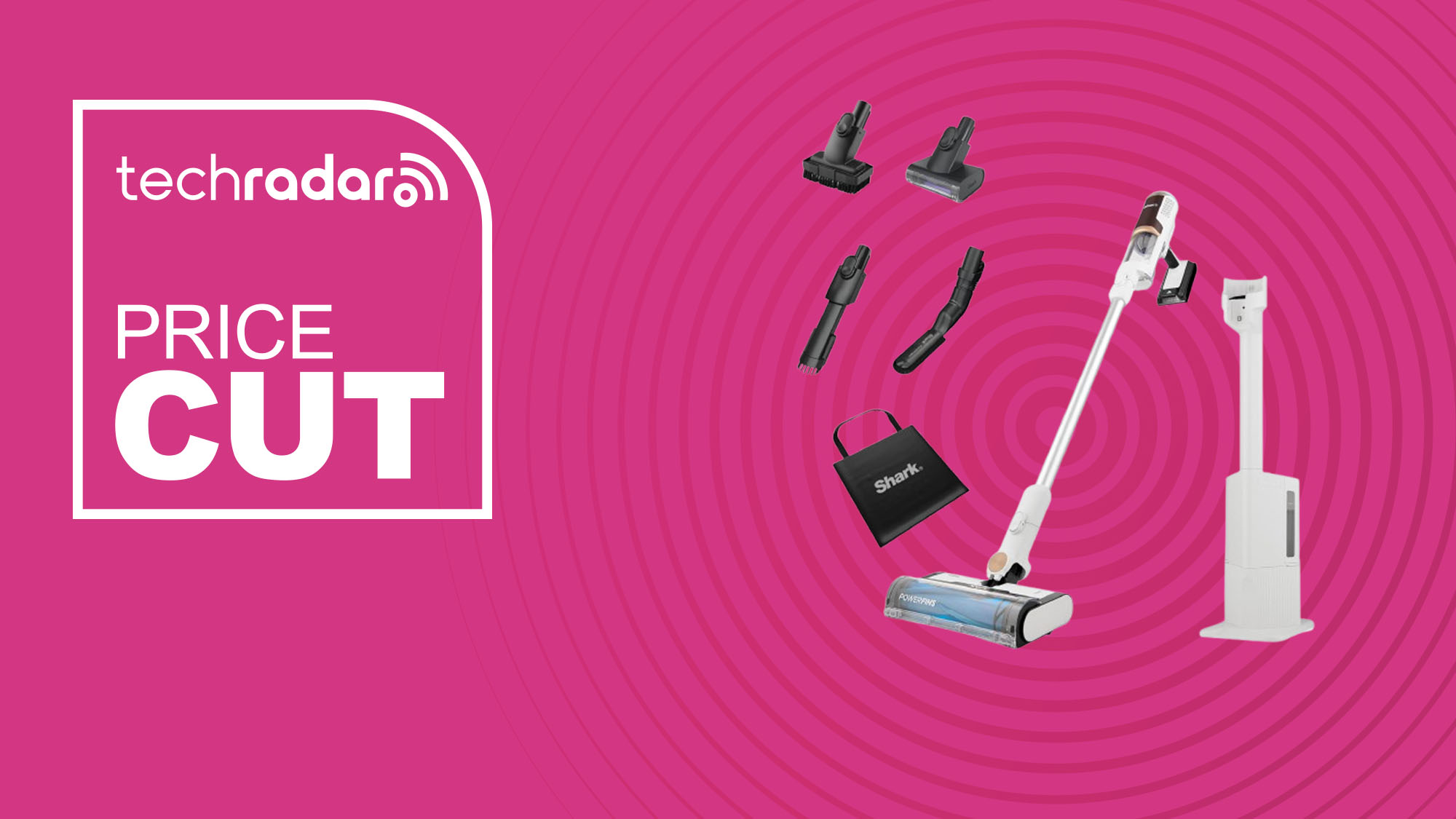 The Shark Clean &amp; Empty Cordless Vacuum Cleaner on a pink background with text saying price Cut.