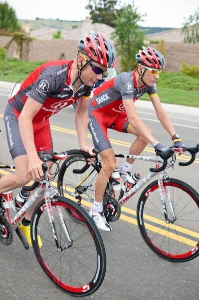 Chris Horner (Radioshack) and team-mate Janez Brajkovic ride next to each other during stage 1.