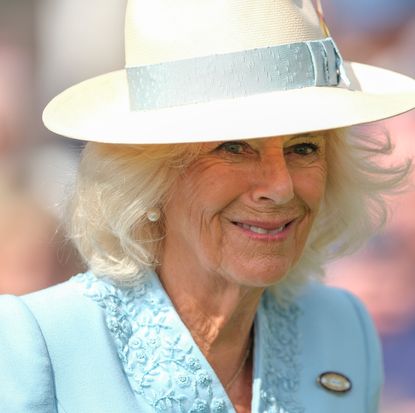 A shoulders-up photo of Queen Camilla wearing a blue coat and white hat with a blue ribbon and smiling