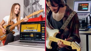 Split image showing guitarists using AmpliTube 5 and Guitar Rig 6