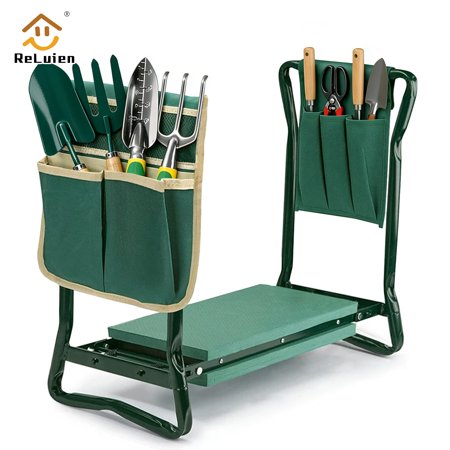 Reluien Garden Kneeler and Seat, Heavy Duty Foldable Gardening Stool With Thick Soft Kneeling Pad and 2 Tool Pouches, Green