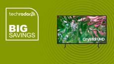 Samsung 75-inch TU690T Tizen Smart TV on green background with big savings sign