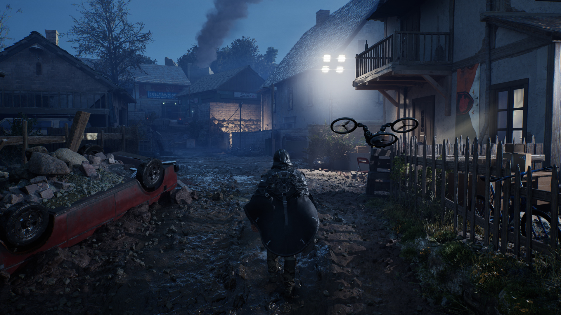 Remi walks through a wartorn town in Hell is Us
