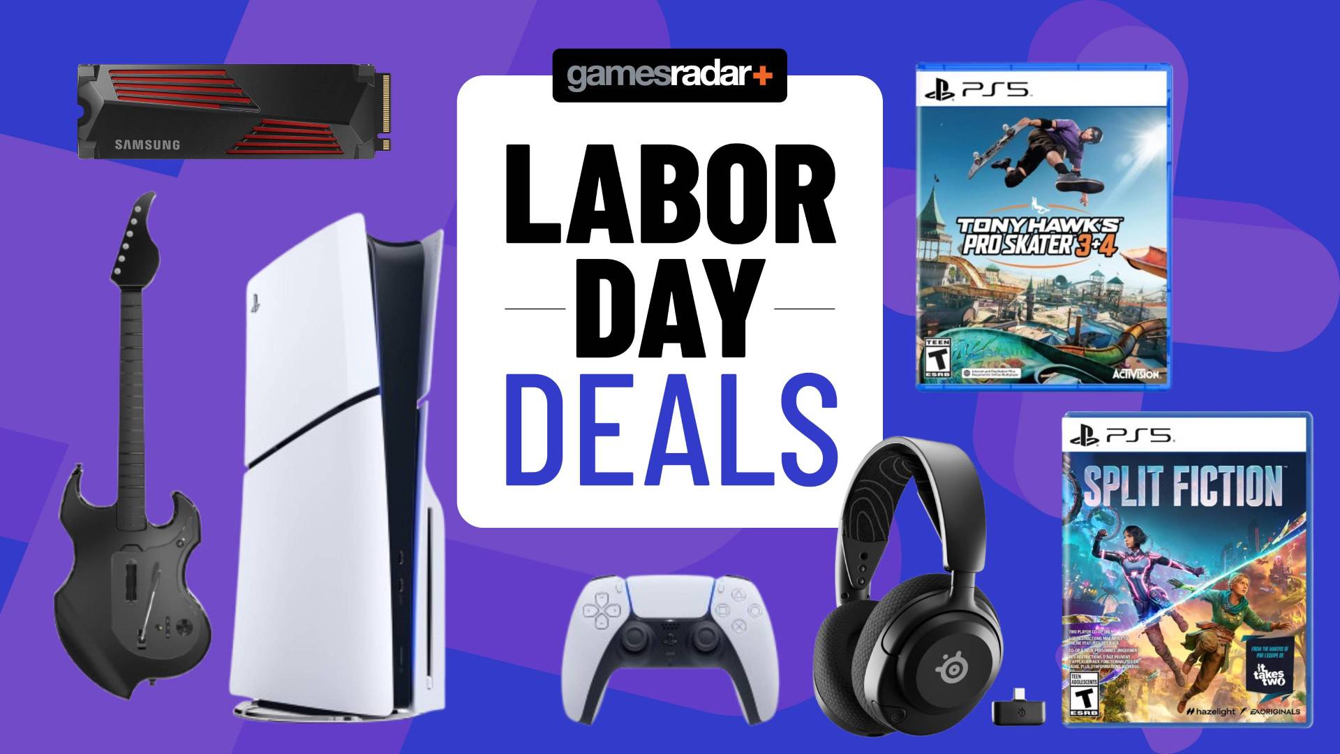 An image of various PS5 accessories sitting on a blue GamesRadar+ background.