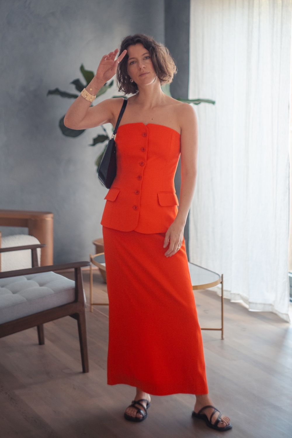 Penny Goldstone at LFW SS24 in red co-ord