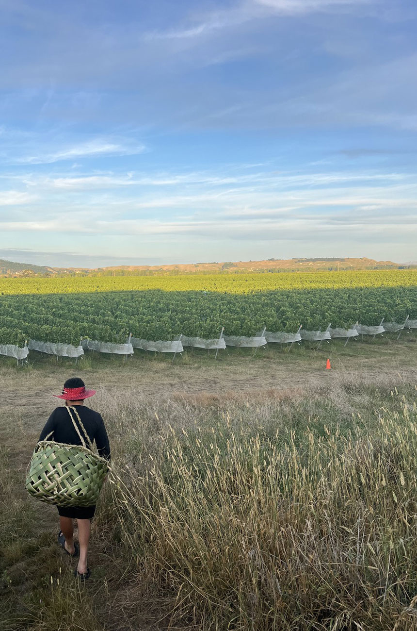 Matua Murupaenga of Tawhiti Wines with a flax kete over his shoulder