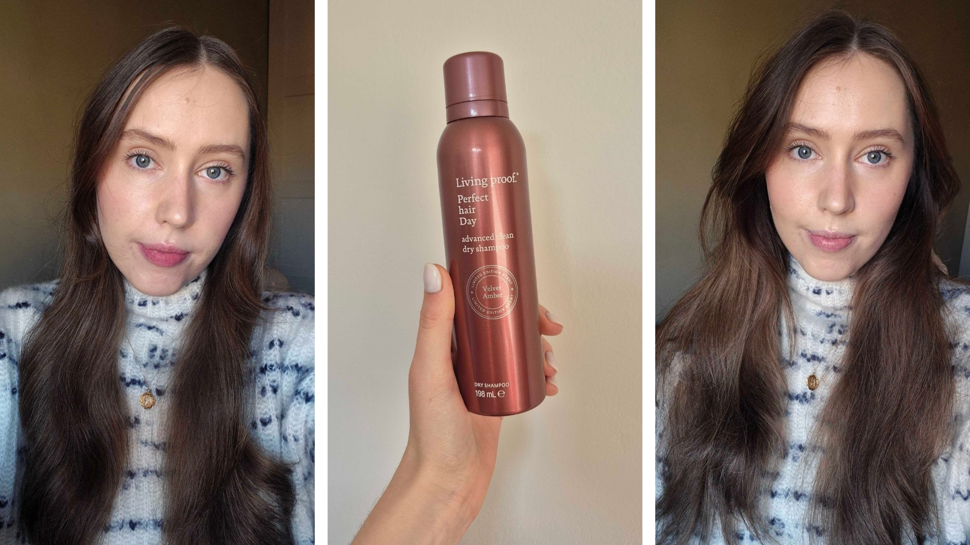 On the left is a picture of Digital Beauty Writer, Naomi Jamieson, with unwashed, day three hair, followed by a picture of her holding a bottle of the Living Proof Perfect hair Day&amp;trade; Advanced Clean Dry Shampoo Velvet Amber up in front of a cream wall. Then, finally, on the right is a picture of Naomi's same three-day hair once the dry shampoo has been applied and brushed through.