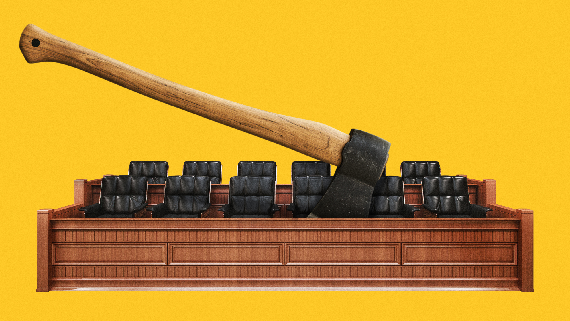 Illustration of an axe buried in a jury box