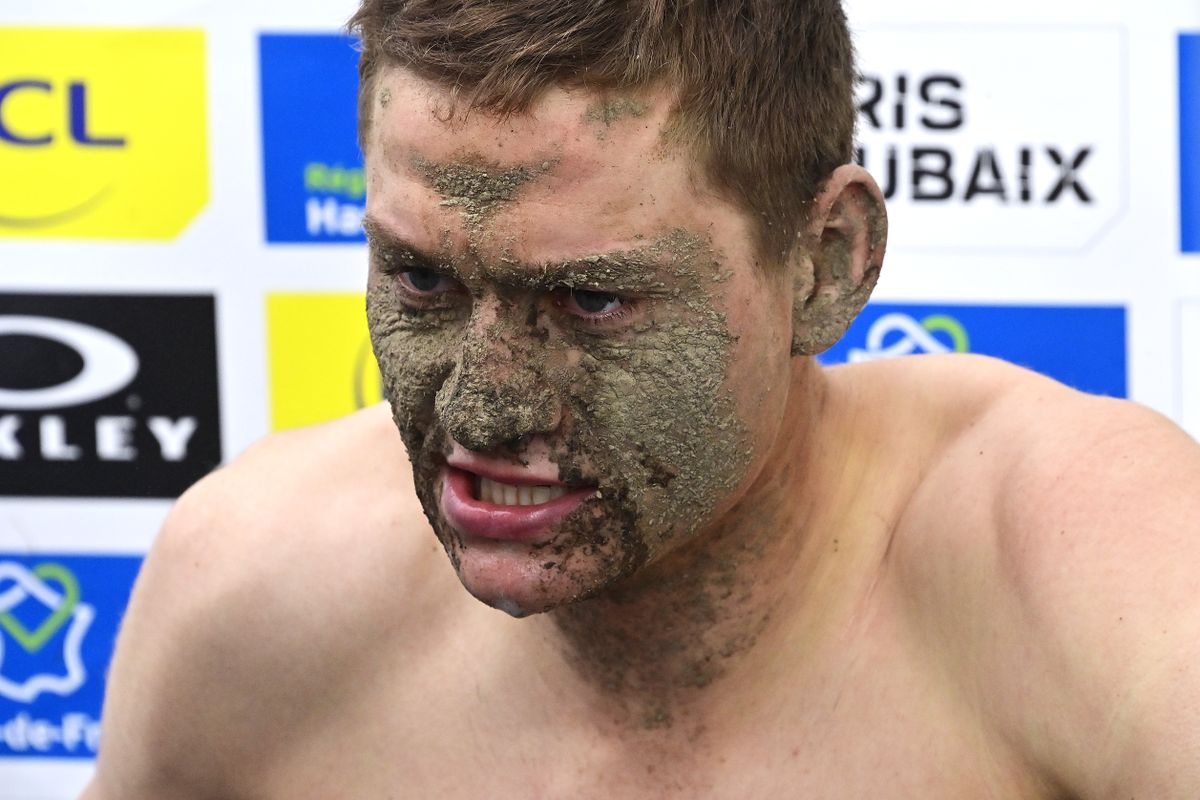 ROUBAIX FRANCE OCTOBER 03 Mathieu Van Der Poel of Netherlands and Team AlpecinFenix covered in mud disappointed by his third place after the 118th ParisRoubaix 2021 Mens Eilte a 2577km race from Compigne to Roubaix ParisRoubaix on October 03 2021 in Roubaix France Photo by Bernard Papon PoolGetty Images