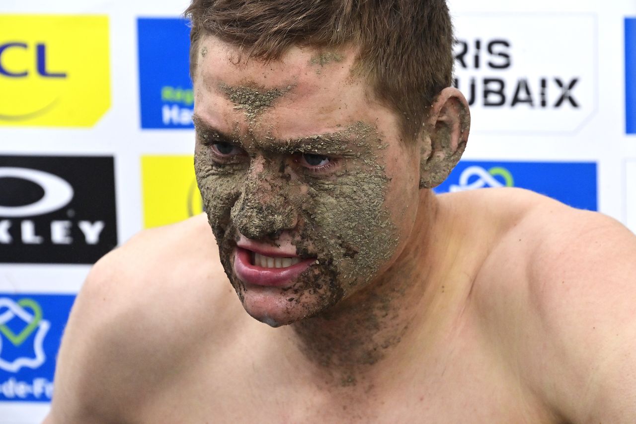 ROUBAIX FRANCE OCTOBER 03 Mathieu Van Der Poel of Netherlands and Team AlpecinFenix covered in mud disappointed by his third place after the 118th ParisRoubaix 2021 Mens Eilte a 2577km race from Compigne to Roubaix ParisRoubaix on October 03 2021 in Roubaix France Photo by Bernard Papon PoolGetty Images
