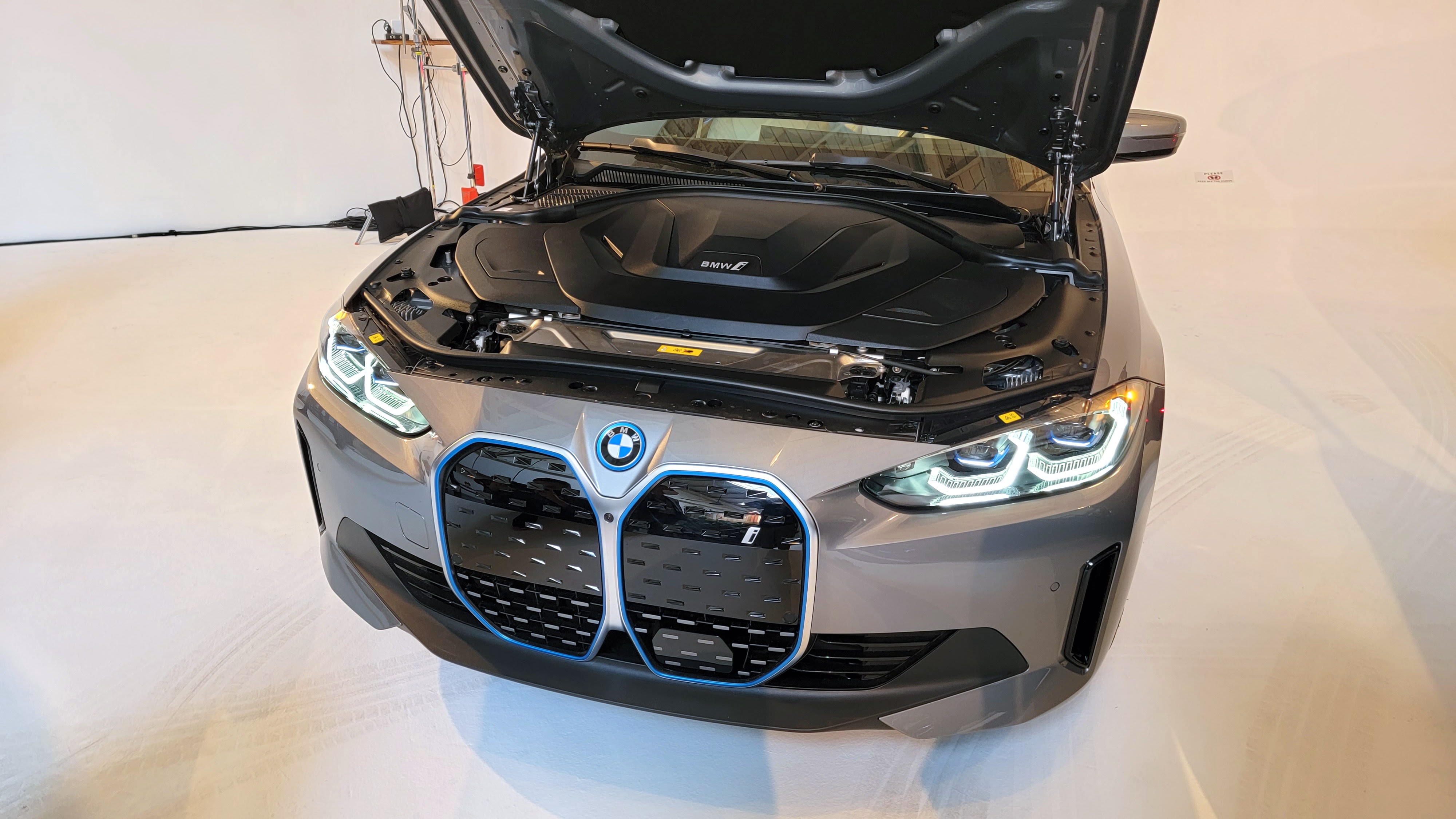 Under the hood of a car in a showroom