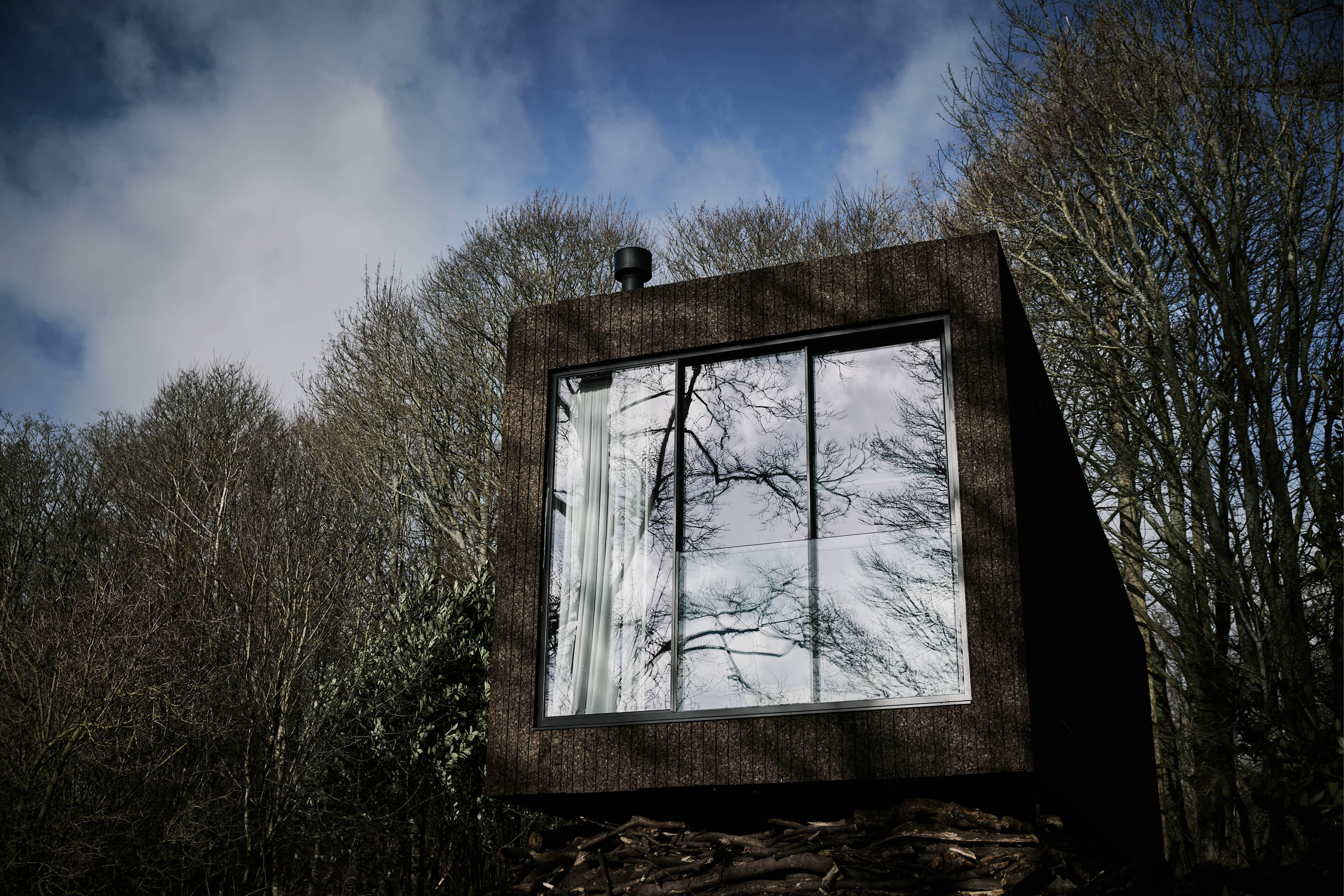 Industrial cabin surrounded by bare trees
