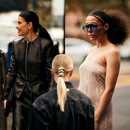 three women wearing stylish outfits and ponytails in a collage image