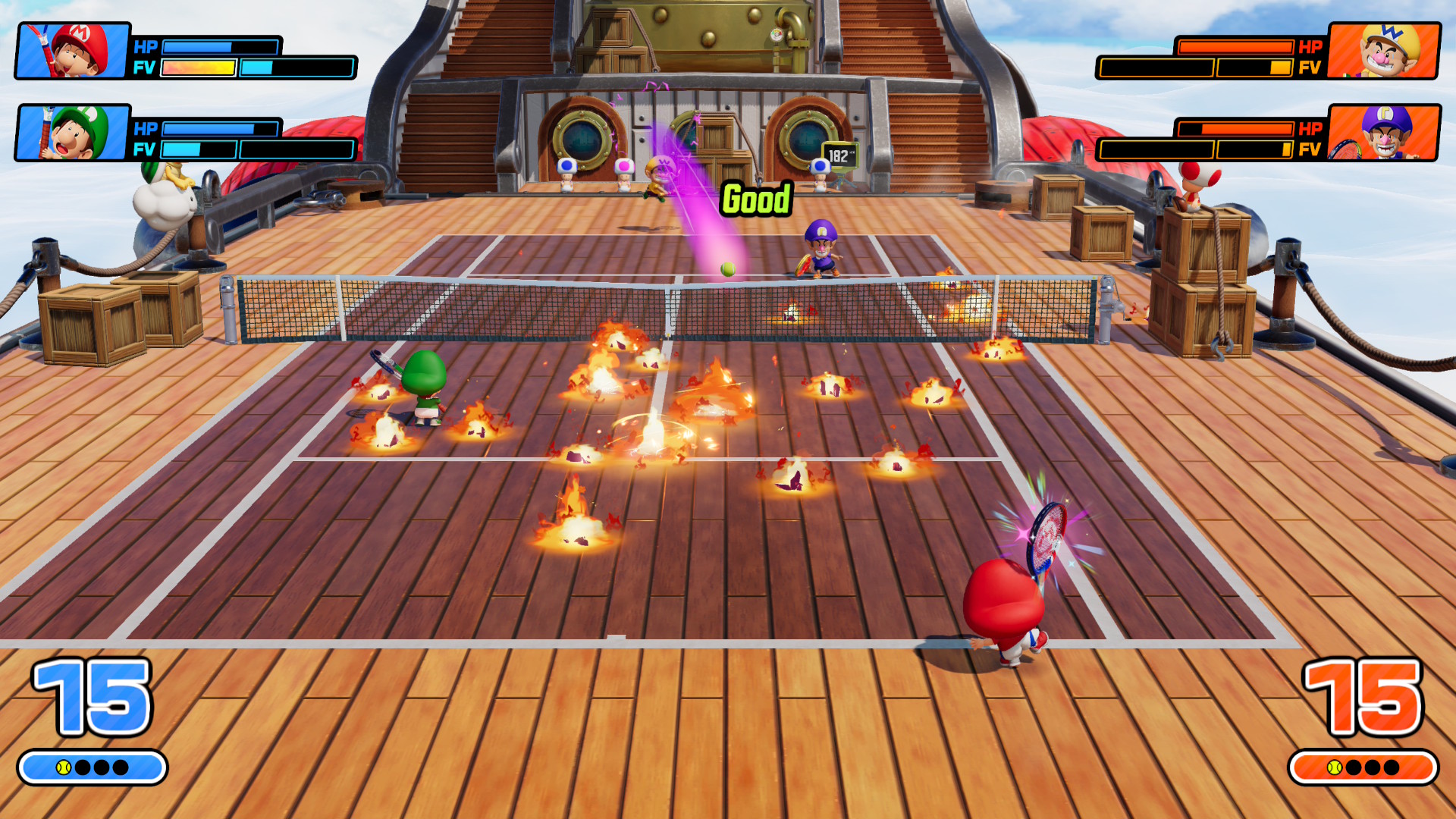 Baby Mario and Baby Luigi face down Baby Waluigi and Baby Mario on an airship court in Mario Tennis Fever which is littered with hazards