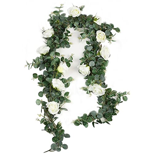Famibay Artificial Eucalyptus Garland With Roses 1pc 5.9ft Greenery Garland Eucalyptus Leaves for Table Wedding Arch Backdrop Wall Decor