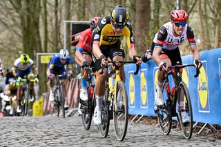 Belgian Wout Van Aert of Team JumboVisma and Italian Matteo Trentin of UAE Team Emirates pictured in action during the GentWevelgem In Flanders Fields cycling race 2475 km from Ieper to Wevelgem Sunday 28 March 2021 BELGA PHOTO DIRK WAEM Photo by DIRK WAEMBELGA MAGAFP via Getty Images